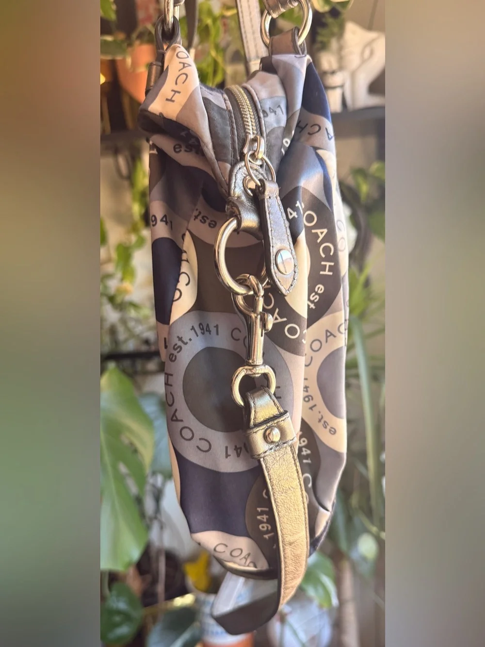 Coach F17582 - Navy and Gray Signature Ring-Print Shoulder Bag